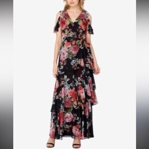 TAHARI ASL Cold-shoulder Floral Chiffon Gown Black/sage tiered maxi